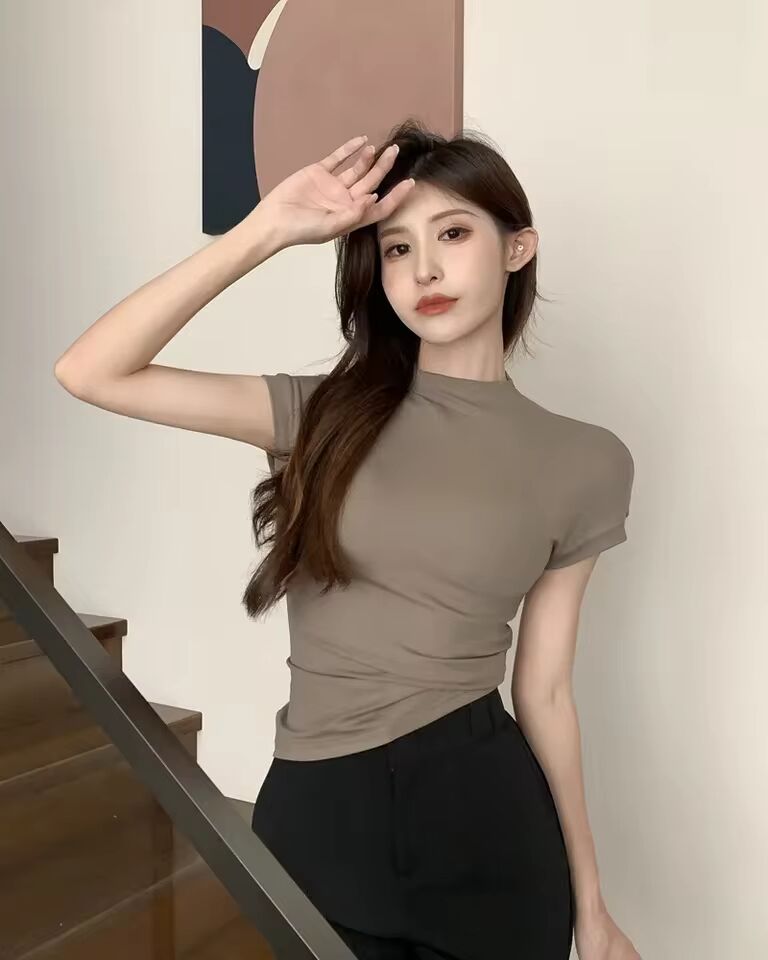 Pure Desire Aesthetic Slimming Women's T-shirt Short Sleeve Polo/turtle Neck Base Layer Top Trendy Student Top Inner Wear