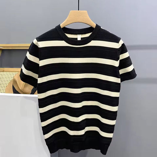 Black White Striped Knit Short Sleeves Men's Round Neck Summer Trendy Ice Silk T-shirt Men's Half Sleeve Body T-shirt